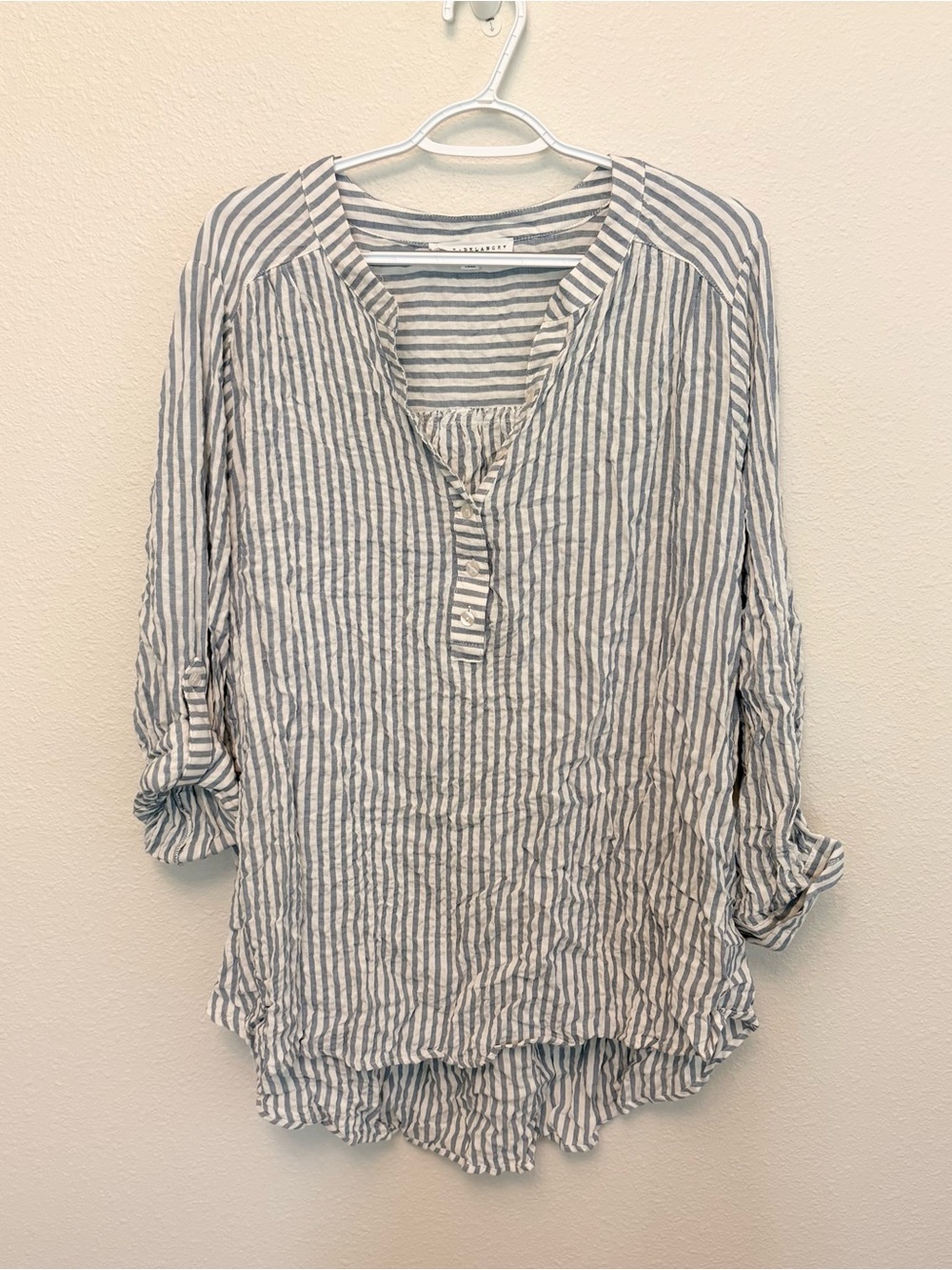 Jane + Delancey Button Tunic Womens Size 1X Blue Stripe Roll Tab Sleeve Casual